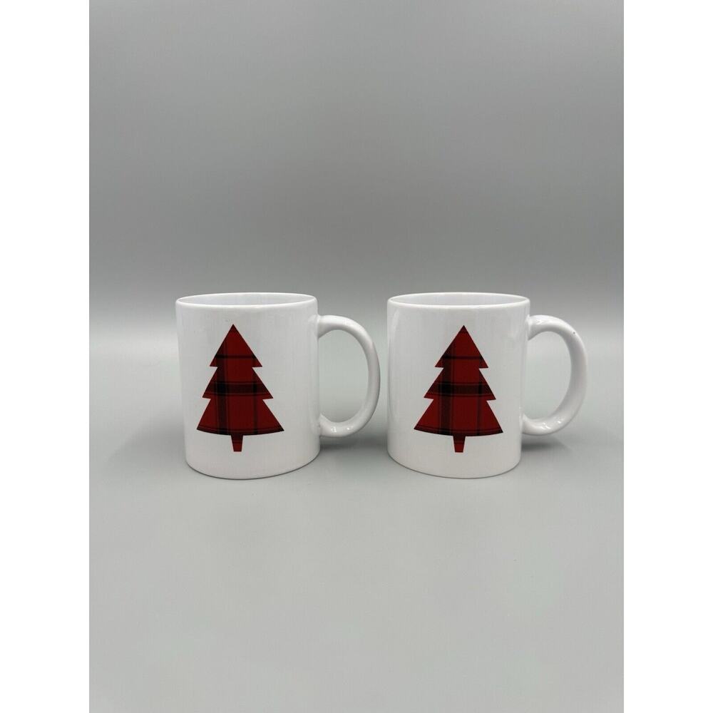 DesignPac Holiday Christmas Mugs Cups Set Of 2 White W/ Red Pine‎ Trees
